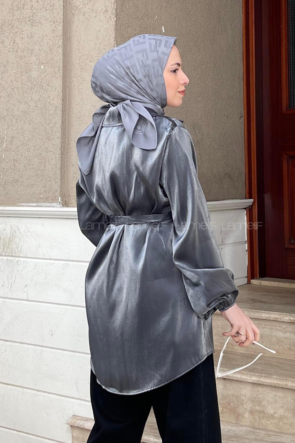 Anthracite Scarf Neck Long Arm Viscose Fabric Jacket