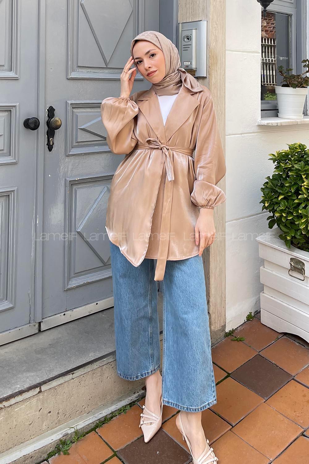 Brown With Milk Scarf Neck Long Arm Viscose Fabric Jacket