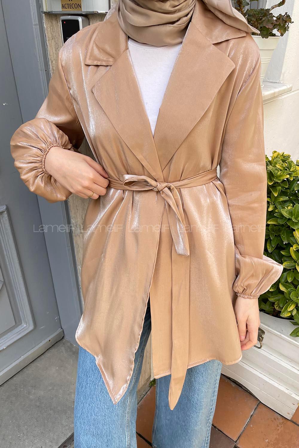 Brown With Milk Scarf Neck Long Arm Viscose Fabric Jacket