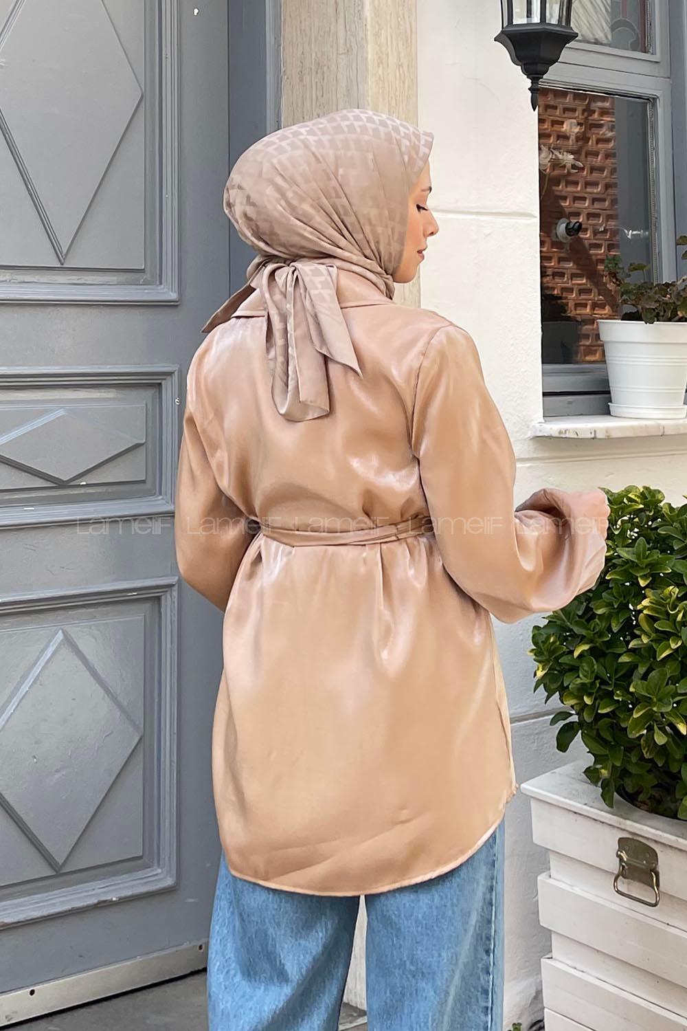 Brown With Milk Scarf Neck Long Arm Viscose Fabric Jacket