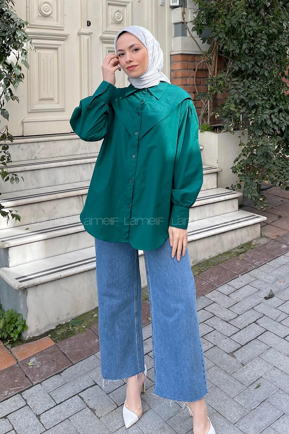 Emerald Green Shirt Collar Long Arm Poplin Fabric Unprinted Shirt