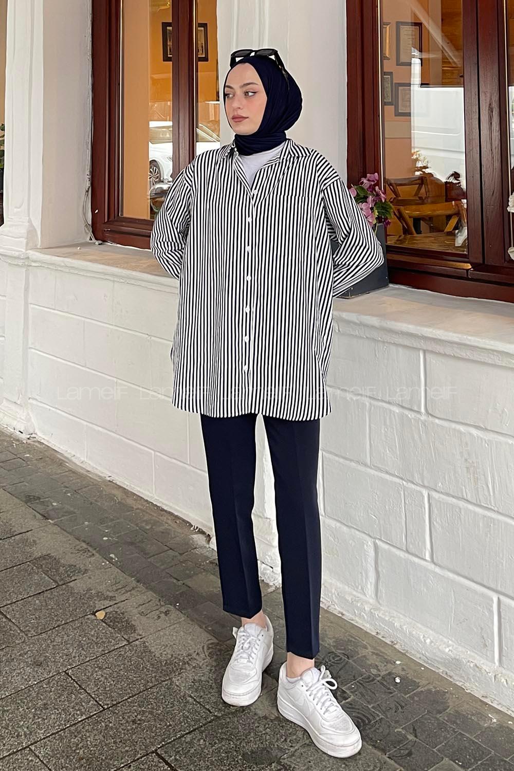 Lamelif Tek Cep Detaylı Çizgili Gömlek Lacivert