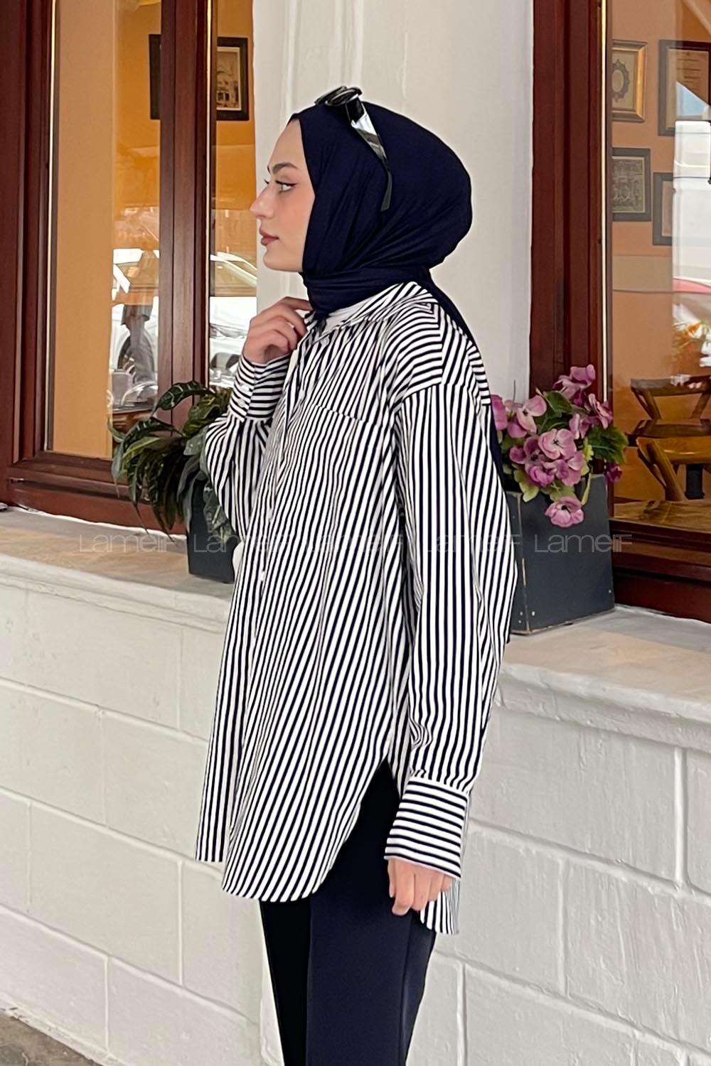 Lamelif Tek Cep Detaylı Çizgili Gömlek Lacivert