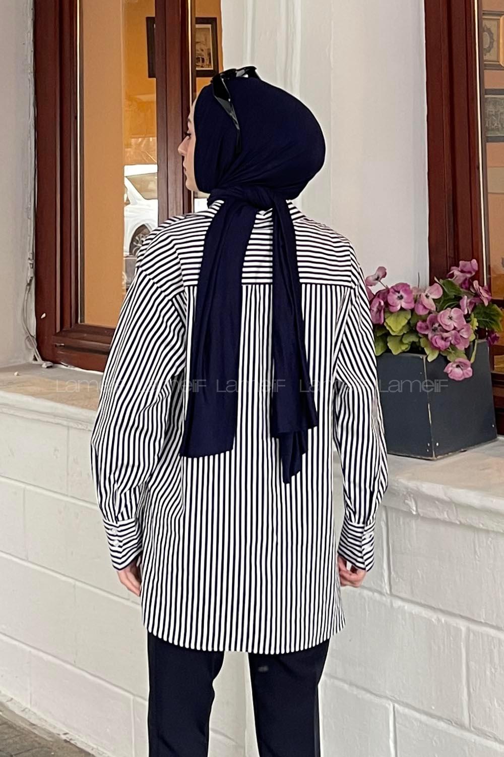 Lamelif Tek Cep Detaylı Çizgili Gömlek Lacivert