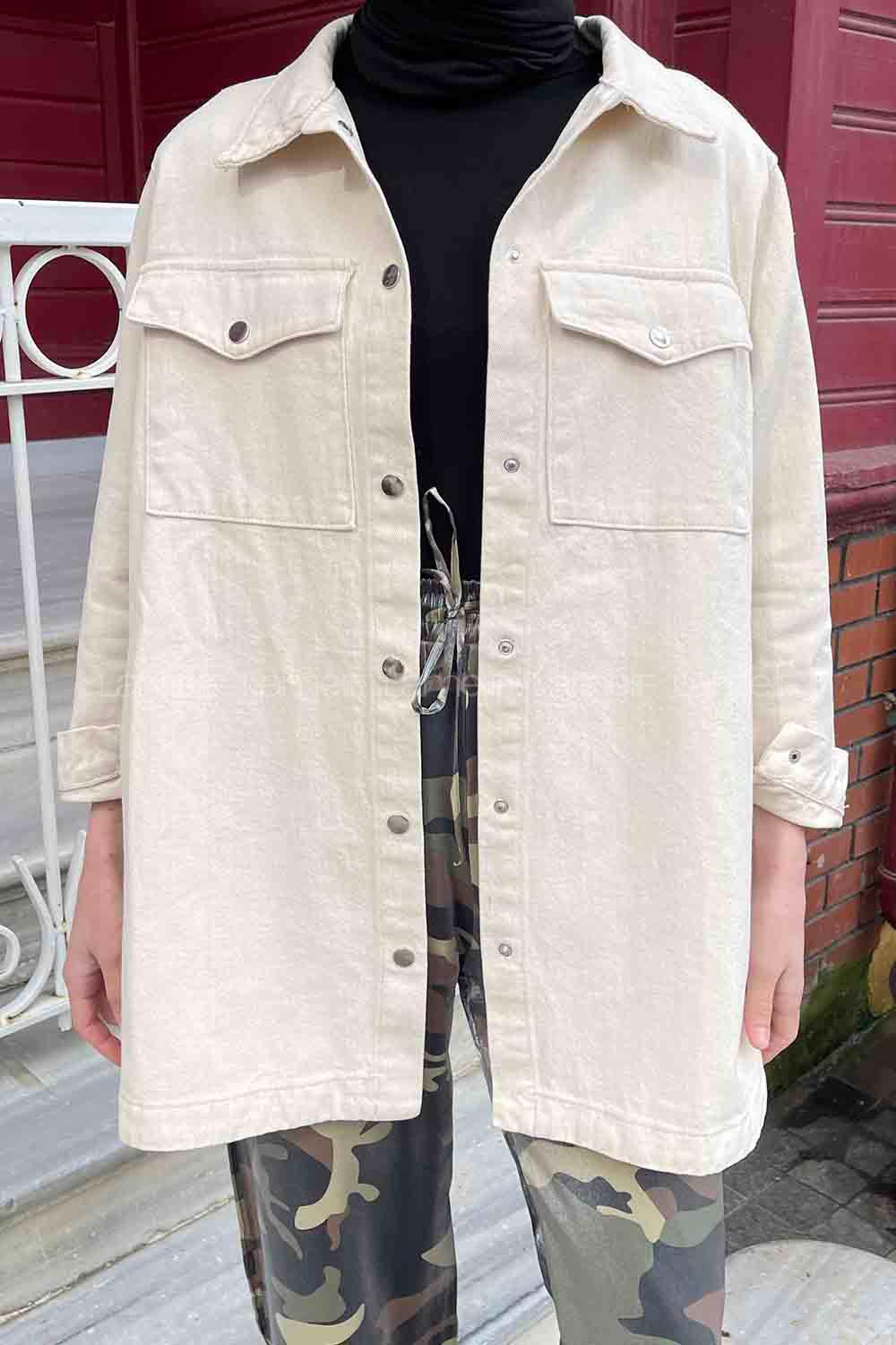 Lamelif Çift Cepli Çıtçıt Düğmeli Ceket Taş Rengi