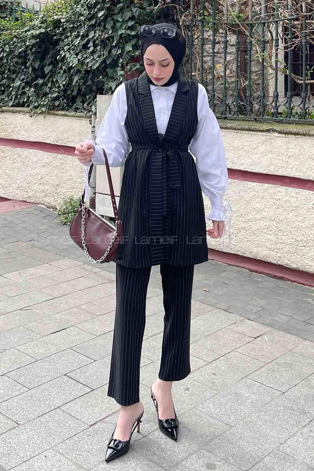 Black Scarf Neck Sleeveless Arm Belted Viscose Fabric Trousers Comfortable Suit