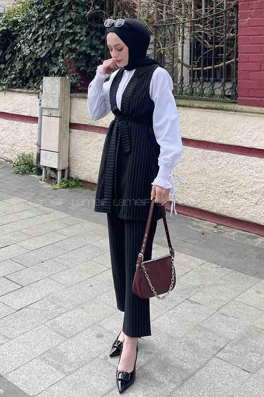 Black Scarf Neck Sleeveless Arm Belted Viscose Fabric Trousers Comfortable Suit