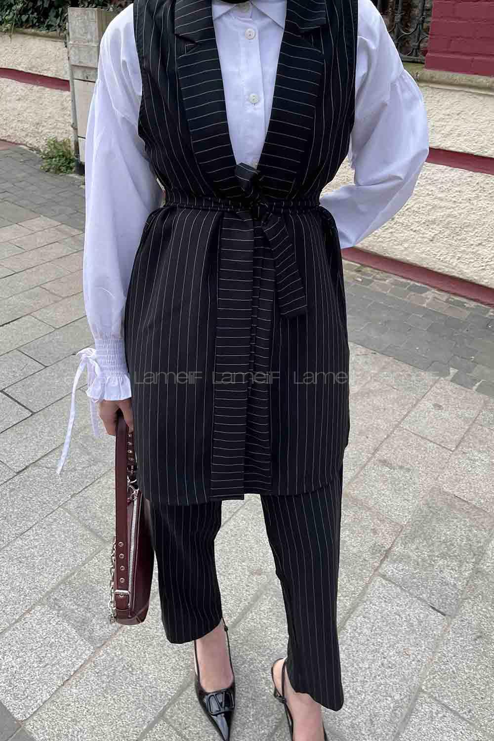 Black Scarf Neck Sleeveless Arm Belted Viscose Fabric Trousers Comfortable Suit