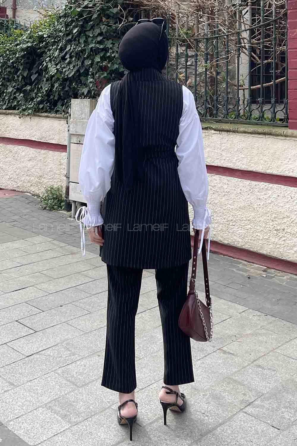 Black Scarf Neck Sleeveless Arm Belted Viscose Fabric Trousers Comfortable Suit