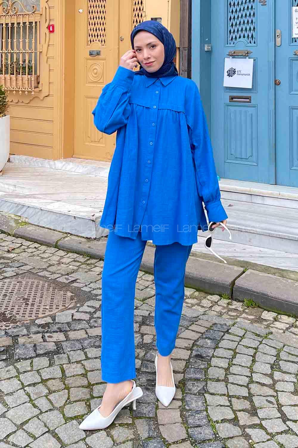 Blue Shirt Collar Long Arm Linen Regular Trousers Linen Suit