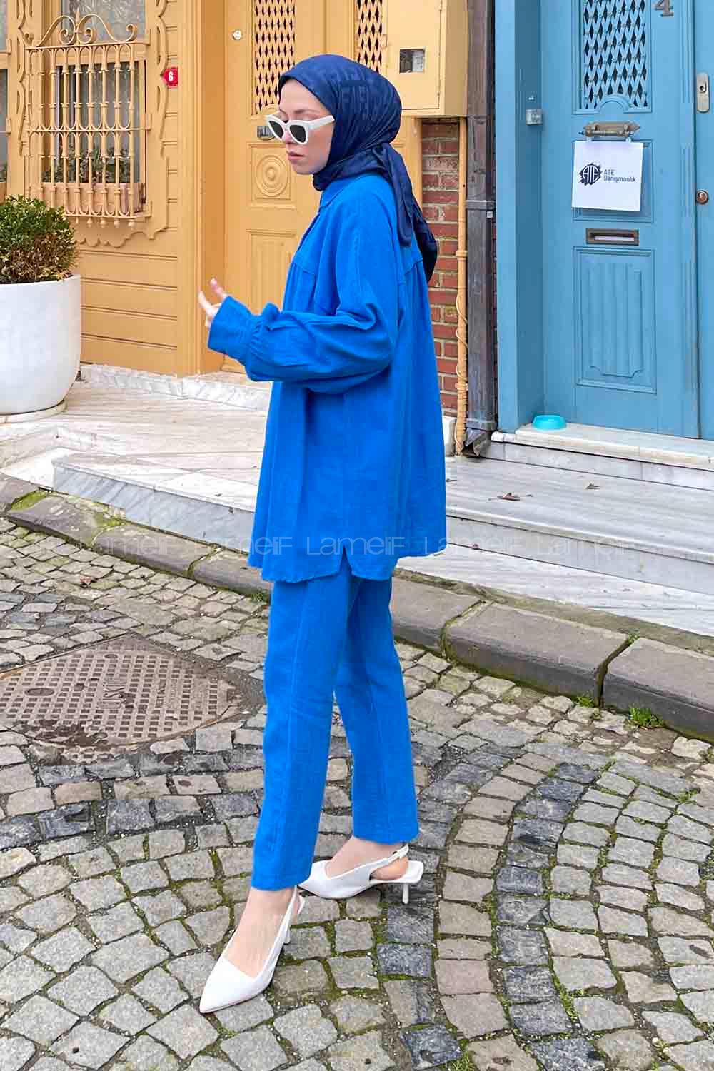 Blue Shirt Collar Long Arm Linen Regular Trousers Linen Suit