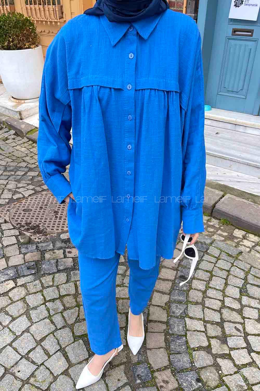 Blue Shirt Collar Long Arm Linen Regular Trousers Linen Suit