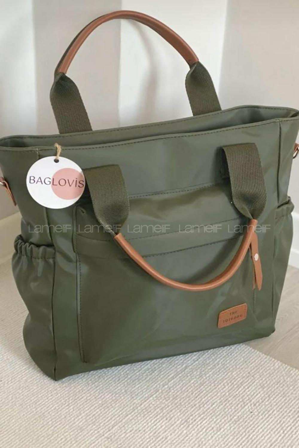 Lamelif Büyük Boy Saten Kumaş Salaş Omuz Çantası Haki