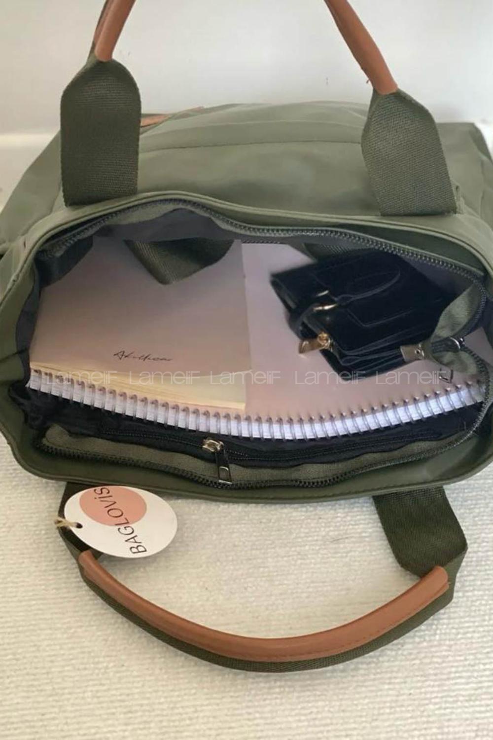 Lamelif Büyük Boy Saten Kumaş Salaş Omuz Çantası Haki