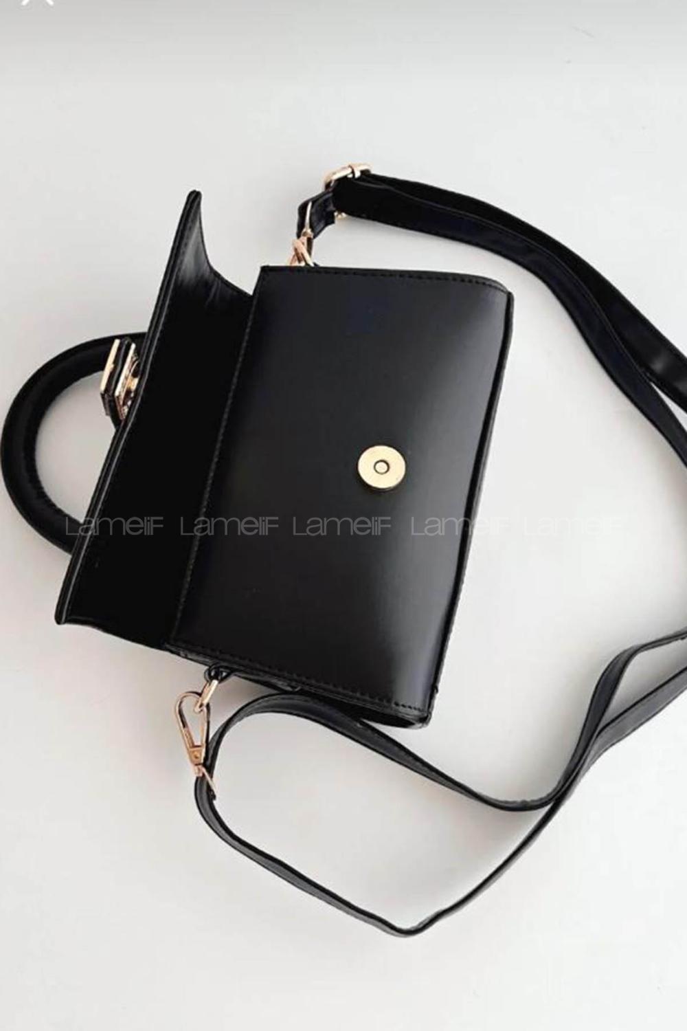 Lamelif Ruby Model Mini Üstten Ayarlanabilir Yan Askılı Kapaklı Çanta Siyah