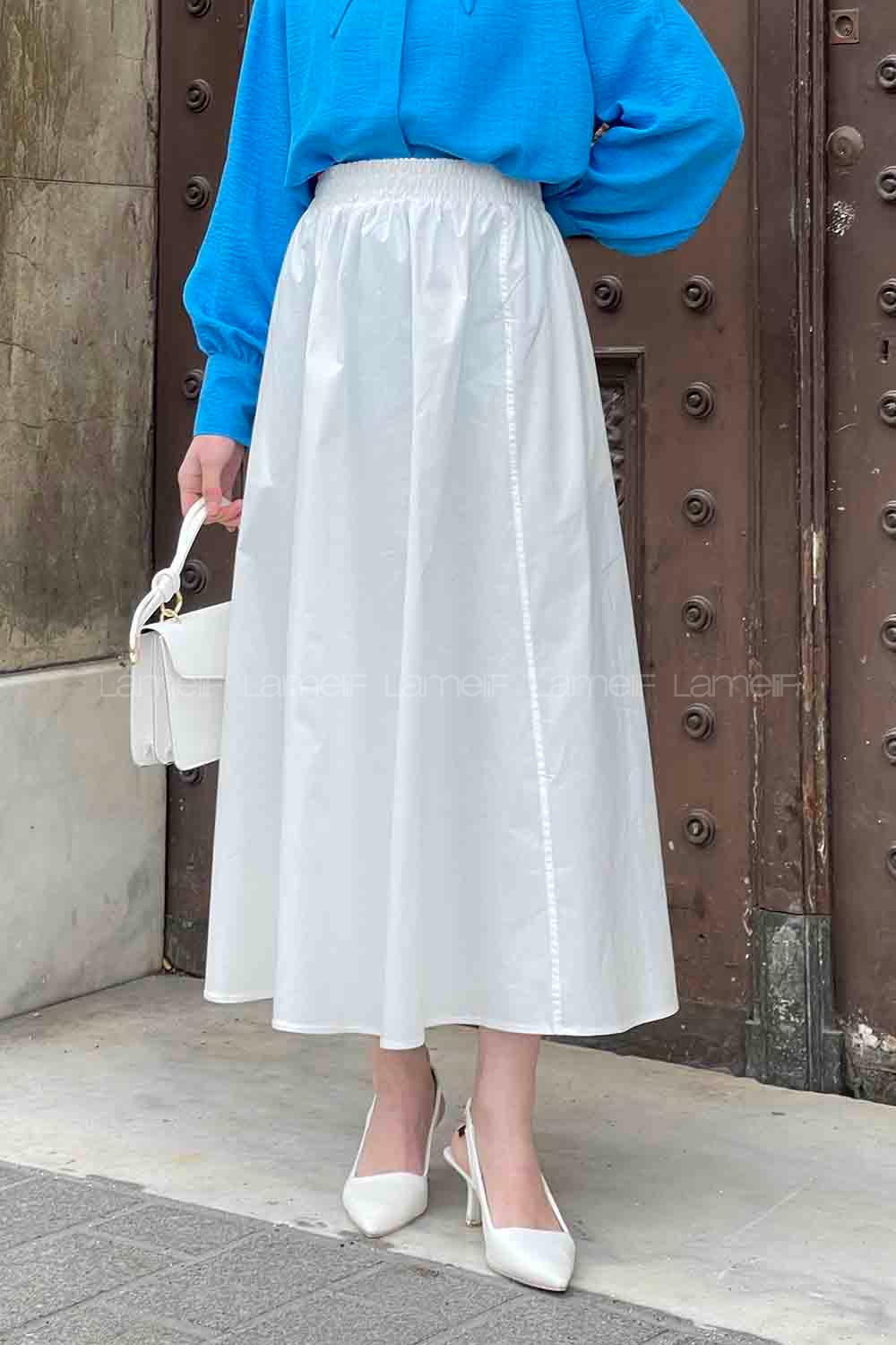 Lamelif Cep Detaylı Kloş Keten Etek Beyaz