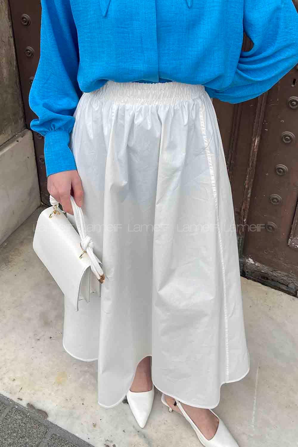 Lamelif Cep Detaylı Kloş Keten Etek Beyaz