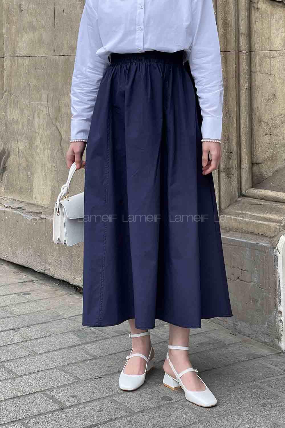 Lamelif Cep Detaylı Kloş Keten Etek Lacivert