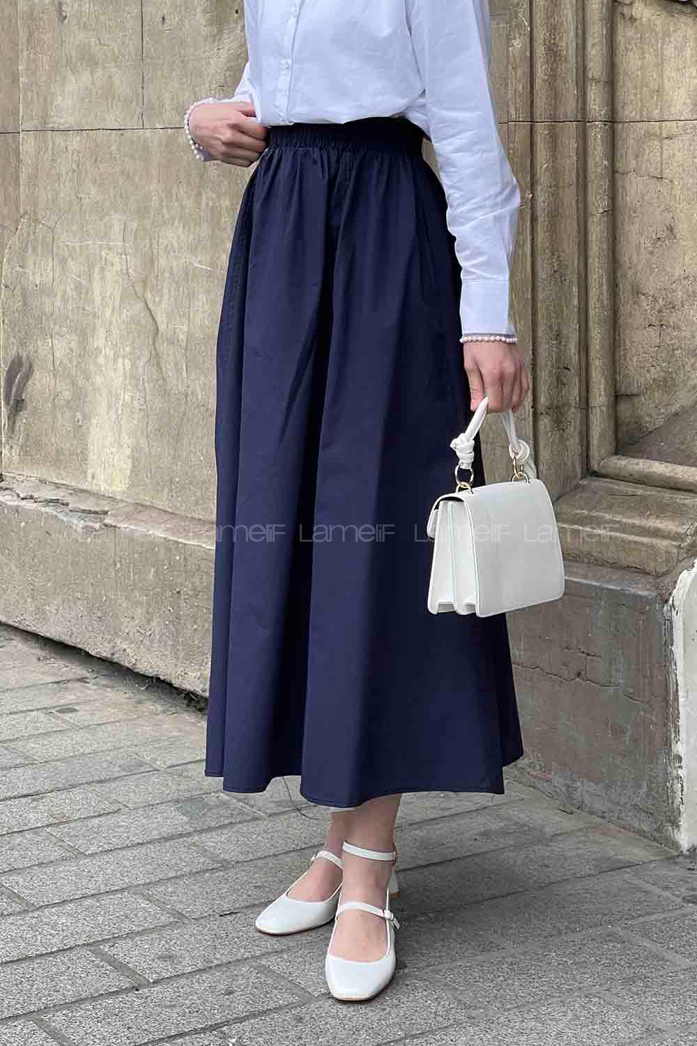 Lamelif Cep Detaylı Kloş Keten Etek Lacivert