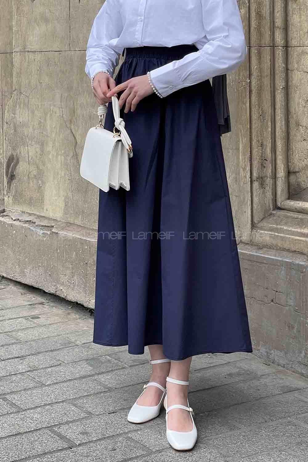 Lamelif Cep Detaylı Kloş Keten Etek Lacivert