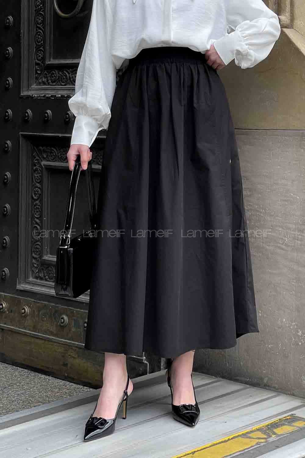 Lamelif Cep Detaylı Kloş Keten Etek Siyah