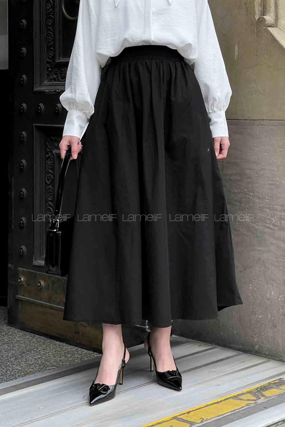 Lamelif Cep Detaylı Kloş Keten Etek Siyah