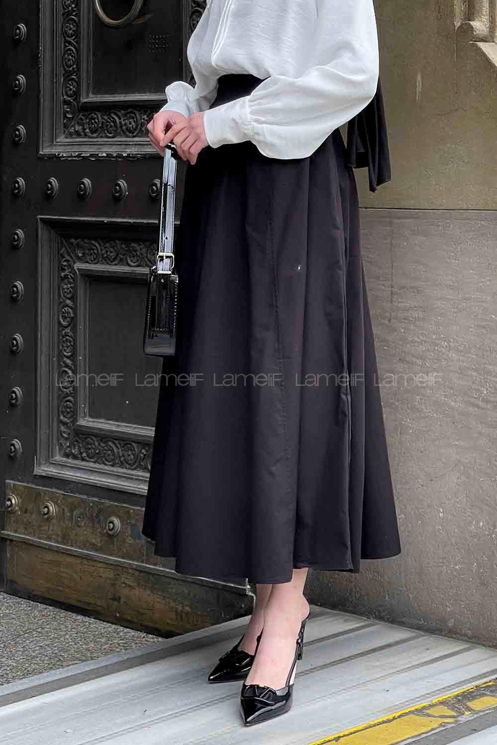 Lamelif Cep Detaylı Kloş Keten Etek Siyah