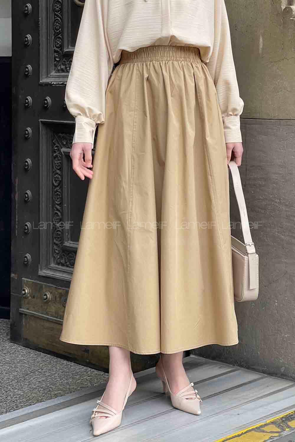 Brown With Milk Linen Unprinted Flare Skirt
