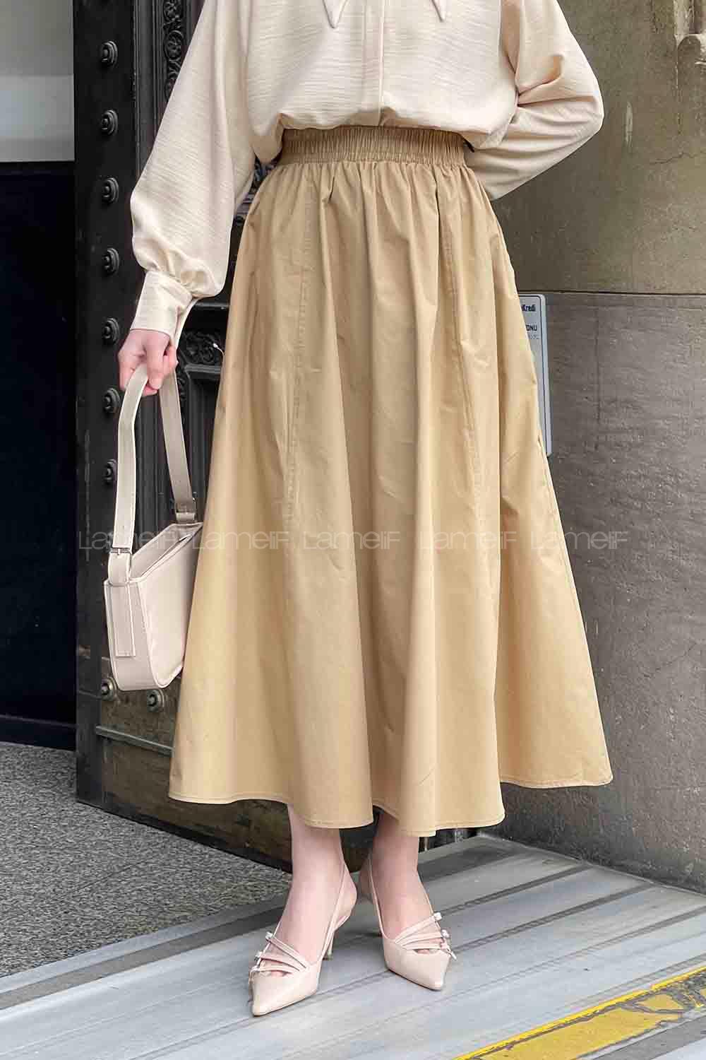 Brown With Milk Linen Unprinted Flare Skirt
