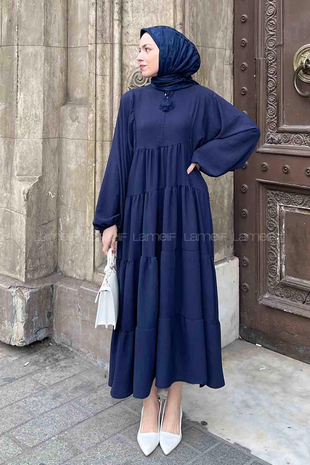 Navy Blue Medium Crew Neck Cotton Fabric Unprinted Dresess