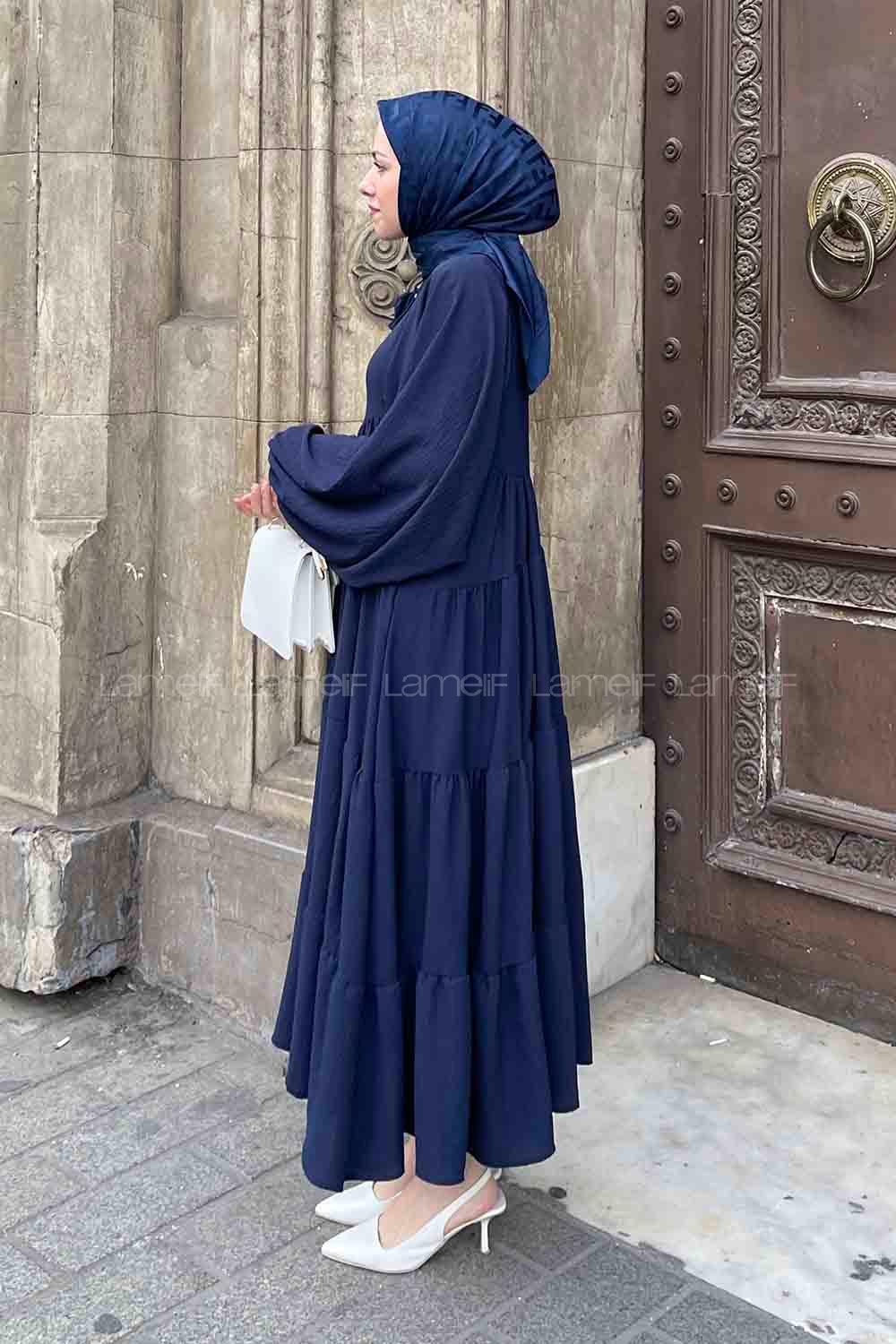 Navy Blue Medium Crew Neck Cotton Fabric Unprinted Dresess