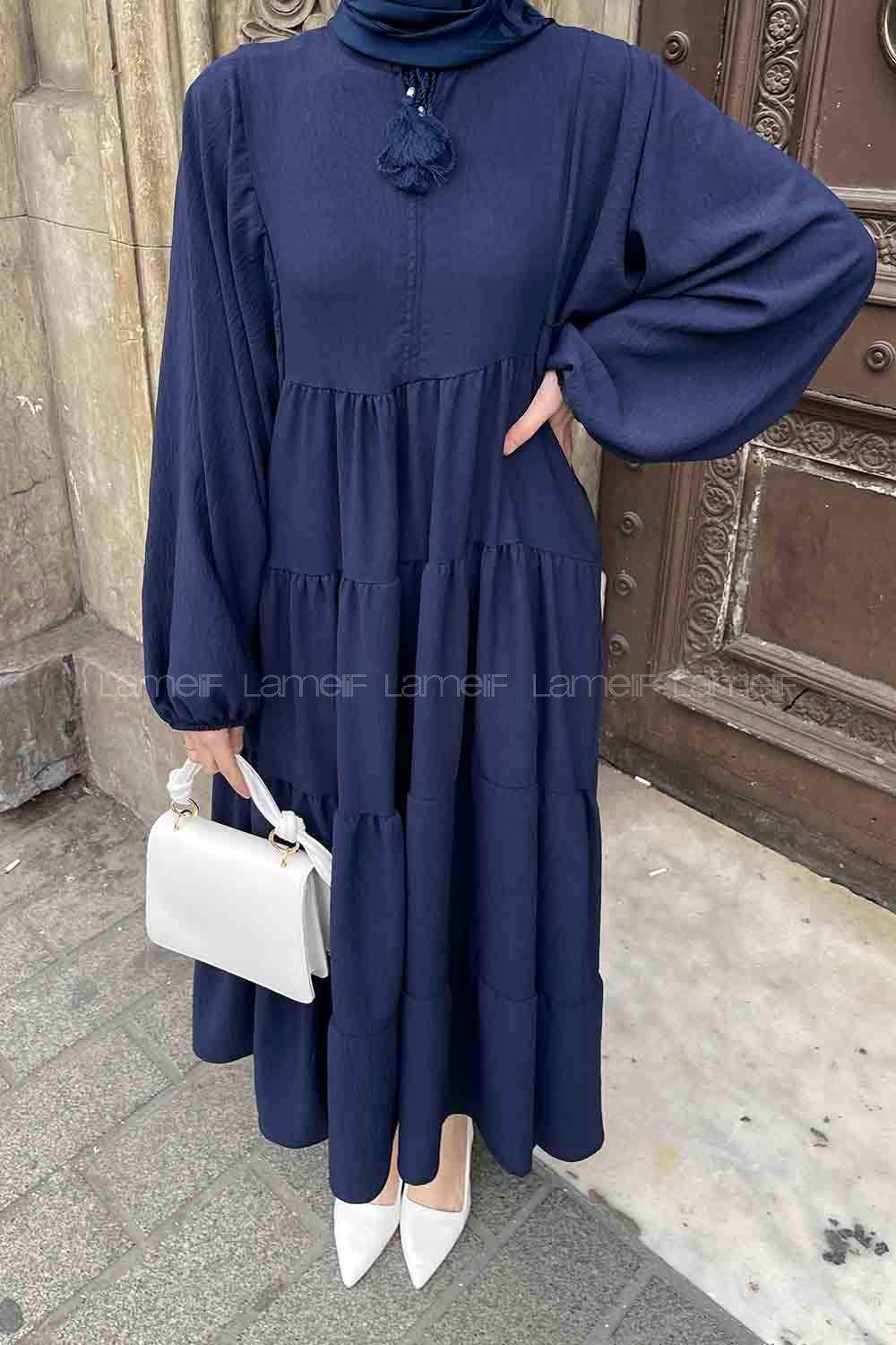 Navy Blue Medium Crew Neck Cotton Fabric Unprinted Dresess