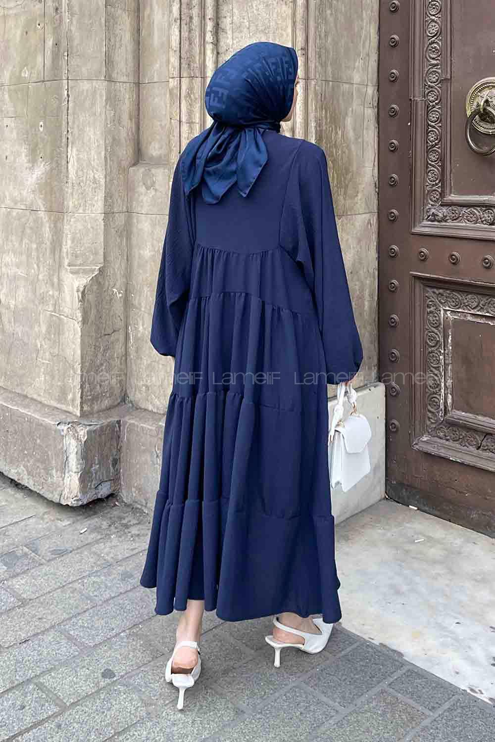 Navy Blue Medium Crew Neck Cotton Fabric Unprinted Dresess