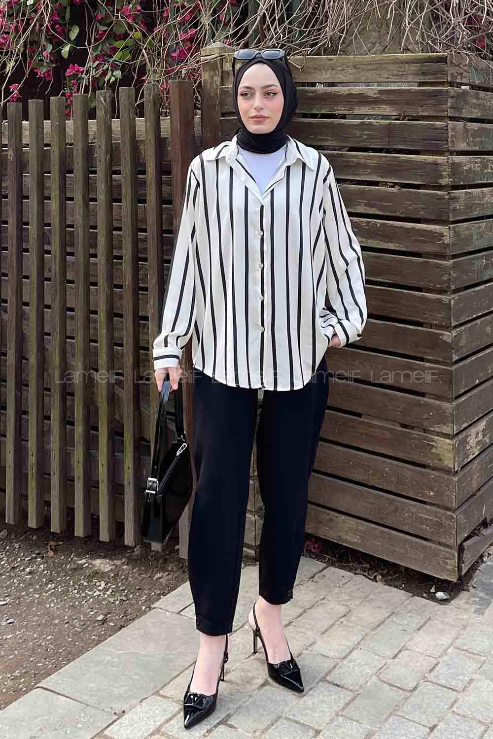 Lamelif Çizgi Detaylı Saten Gömlek Siyah