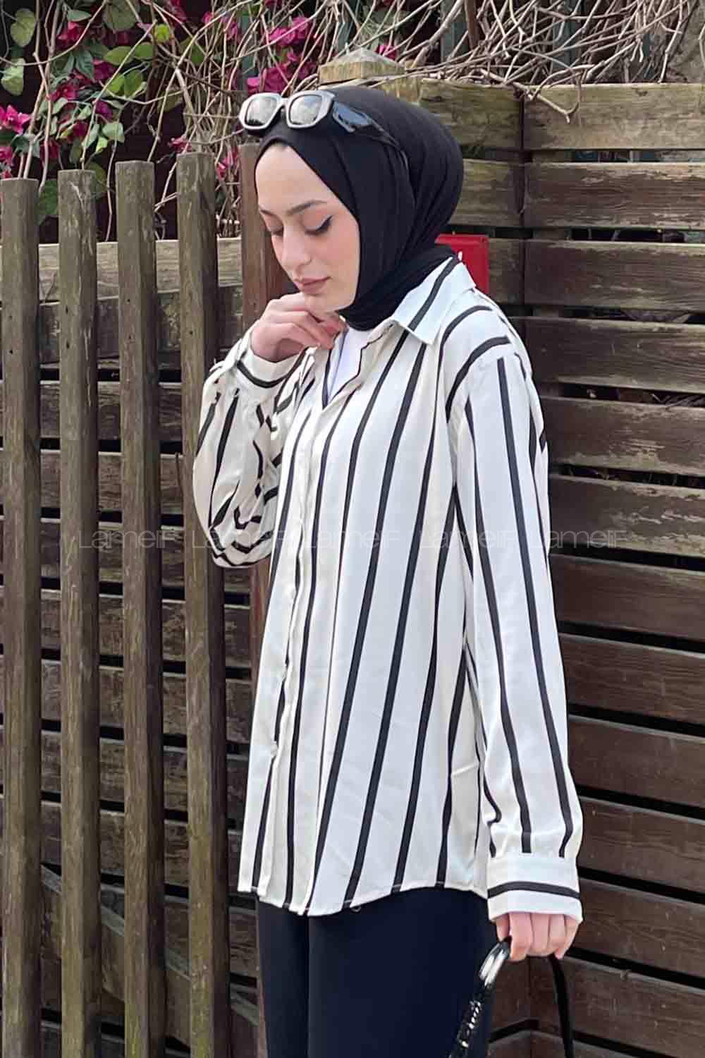 Lamelif Çizgi Detaylı Saten Gömlek Siyah