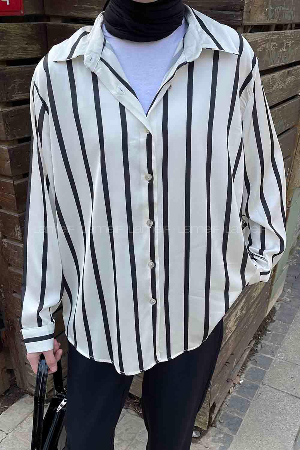 Lamelif Çizgi Detaylı Saten Gömlek Siyah