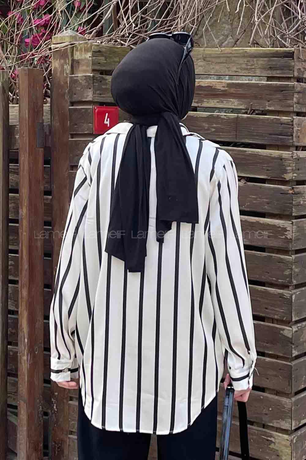 Lamelif Çizgi Detaylı Saten Gömlek Siyah