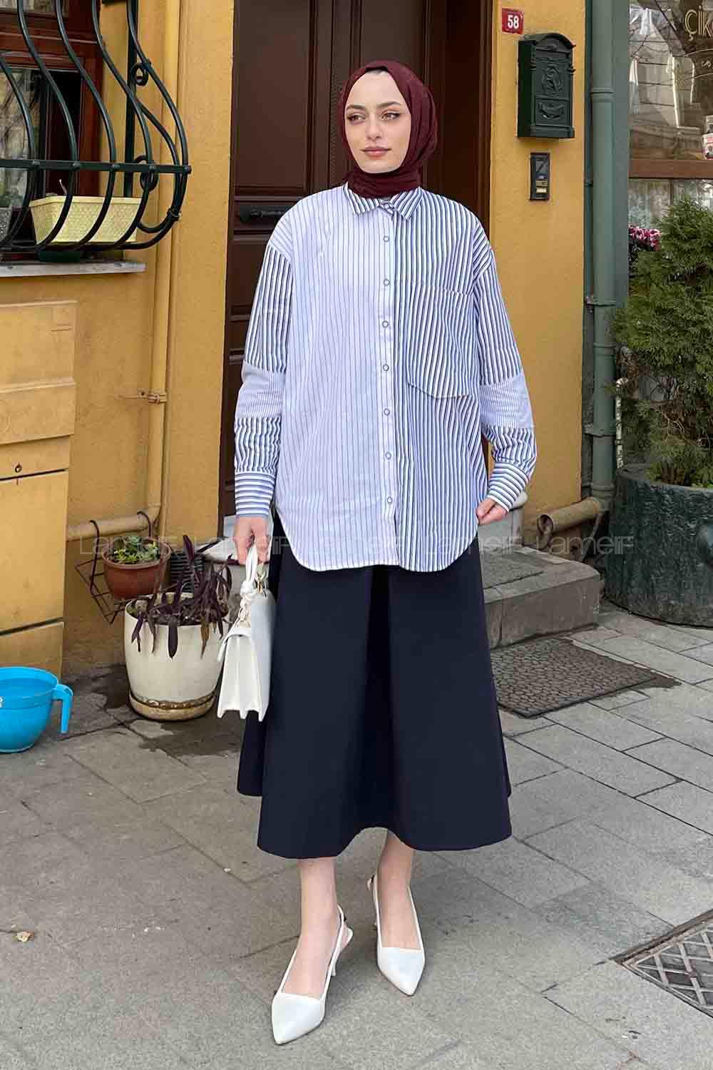 Lamelif Çizgi Garnili Poplin Gömlek Lacivert