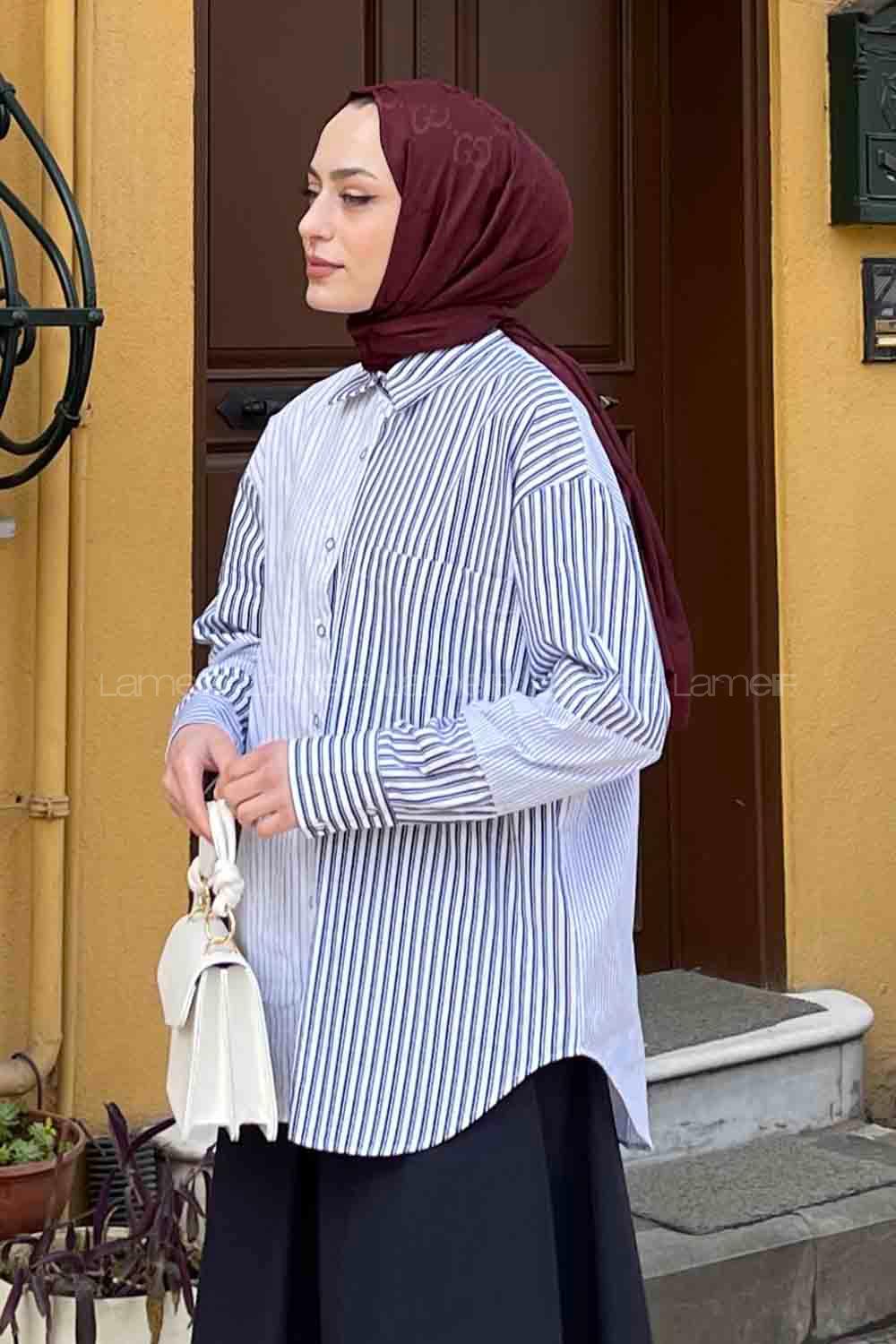 Lamelif Çizgi Garnili Poplin Gömlek Lacivert