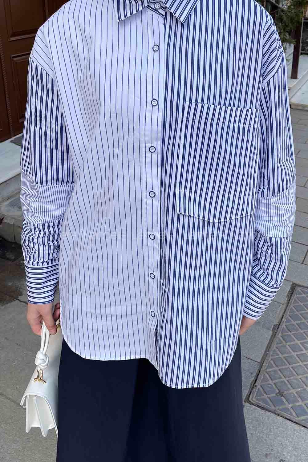 Lamelif Çizgi Garnili Poplin Gömlek Lacivert