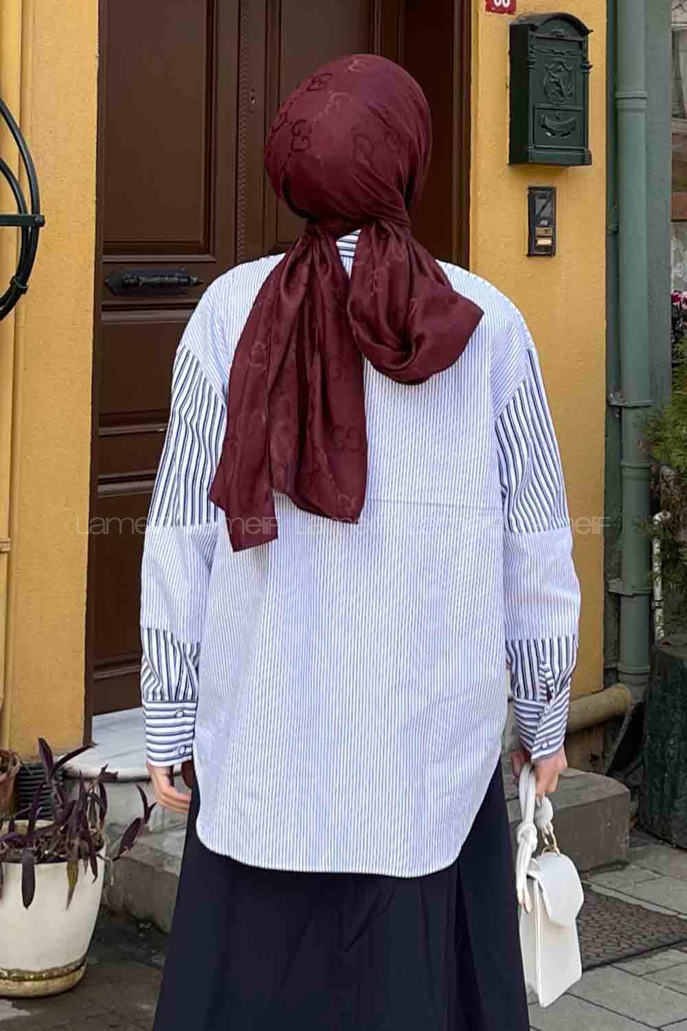 Lamelif Çizgi Garnili Poplin Gömlek Lacivert