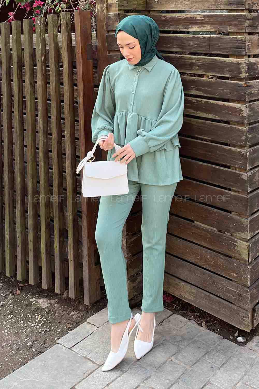 Mint Green Shirt Collar Long Arm Poplin Fabric Narrow Leg Comfortable Suit