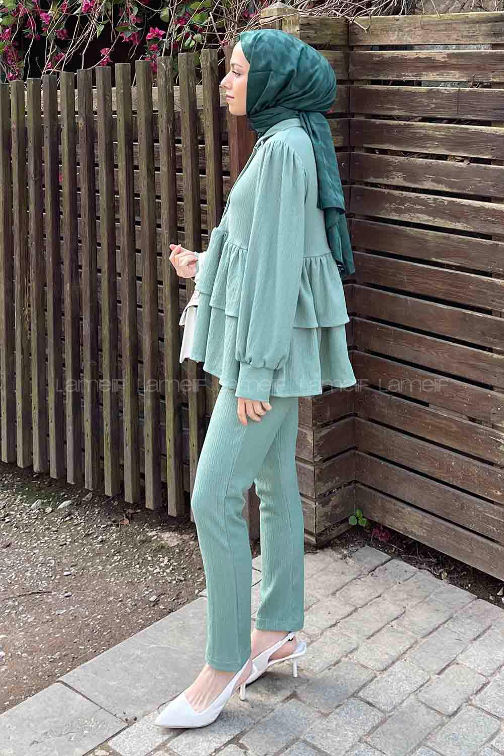 Mint Green Shirt Collar Long Arm Poplin Fabric Narrow Leg Comfortable Suit
