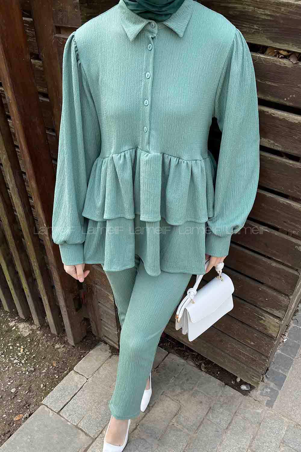 Mint Green Shirt Collar Long Arm Poplin Fabric Narrow Leg Comfortable Suit