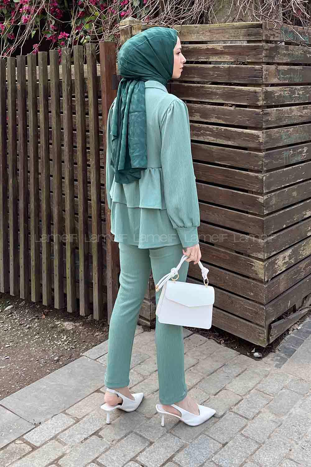 Mint Green Shirt Collar Long Arm Poplin Fabric Narrow Leg Comfortable Suit