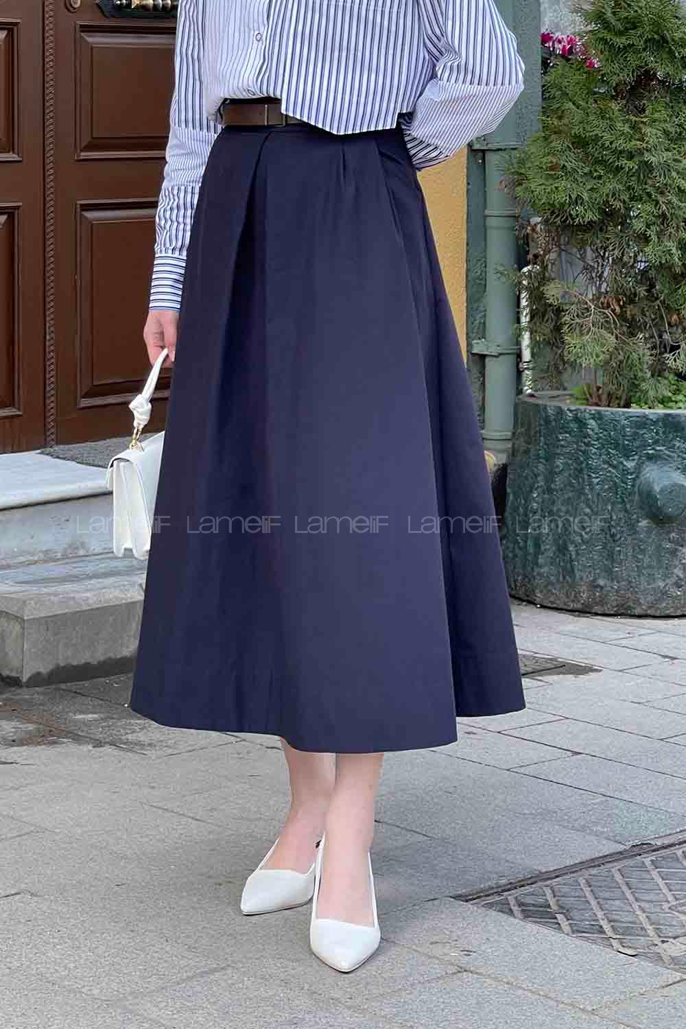 Lamelif Kemerli Gabardin Etek Lacivert