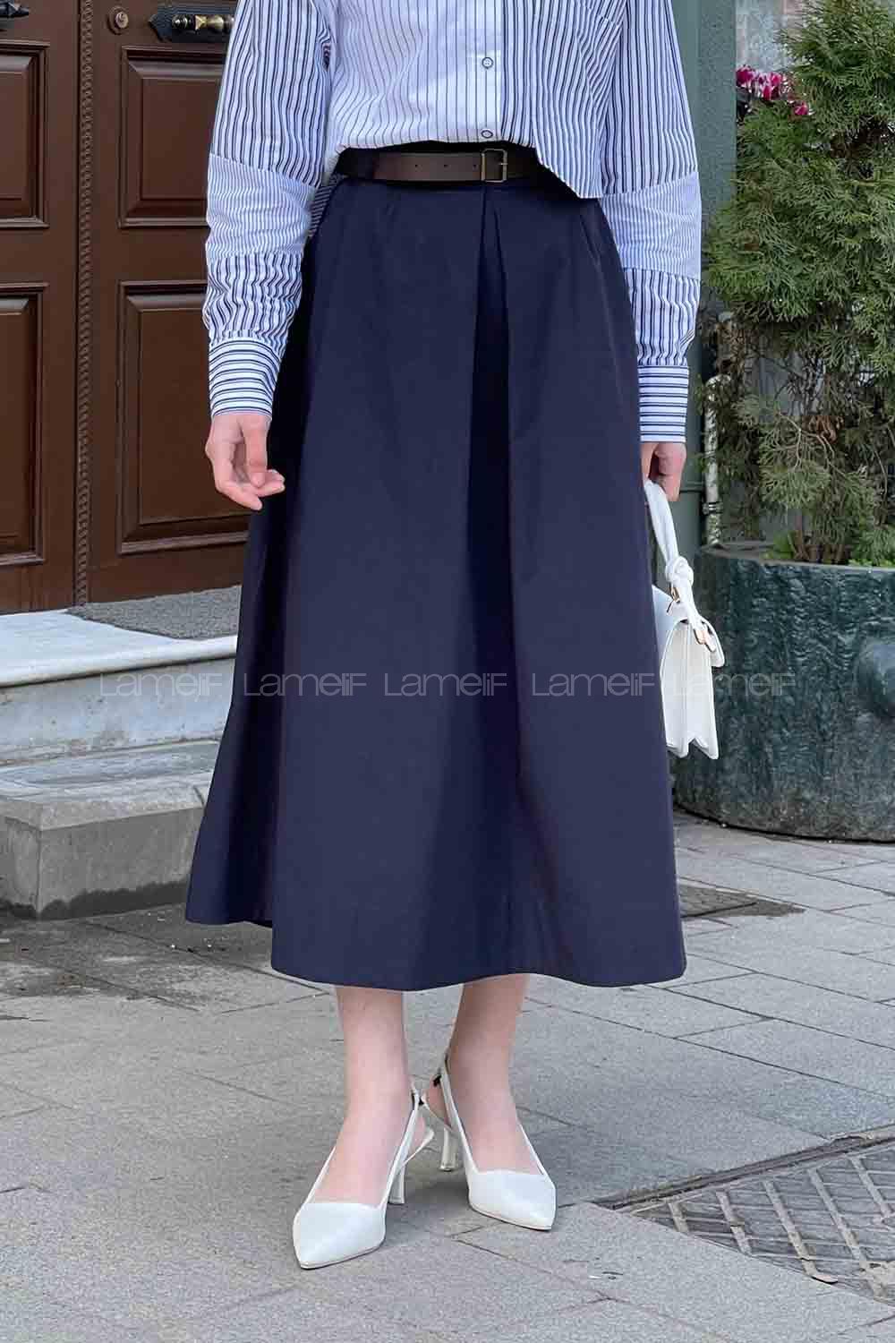 Lamelif Kemerli Gabardin Etek Lacivert