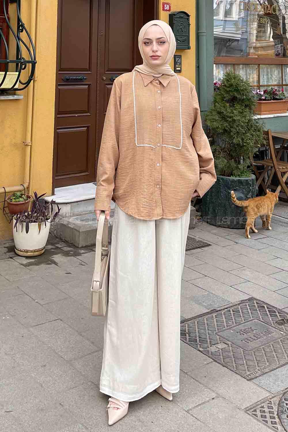 Camel Shirt Collar Long Arm Cotton Elastan Shirt