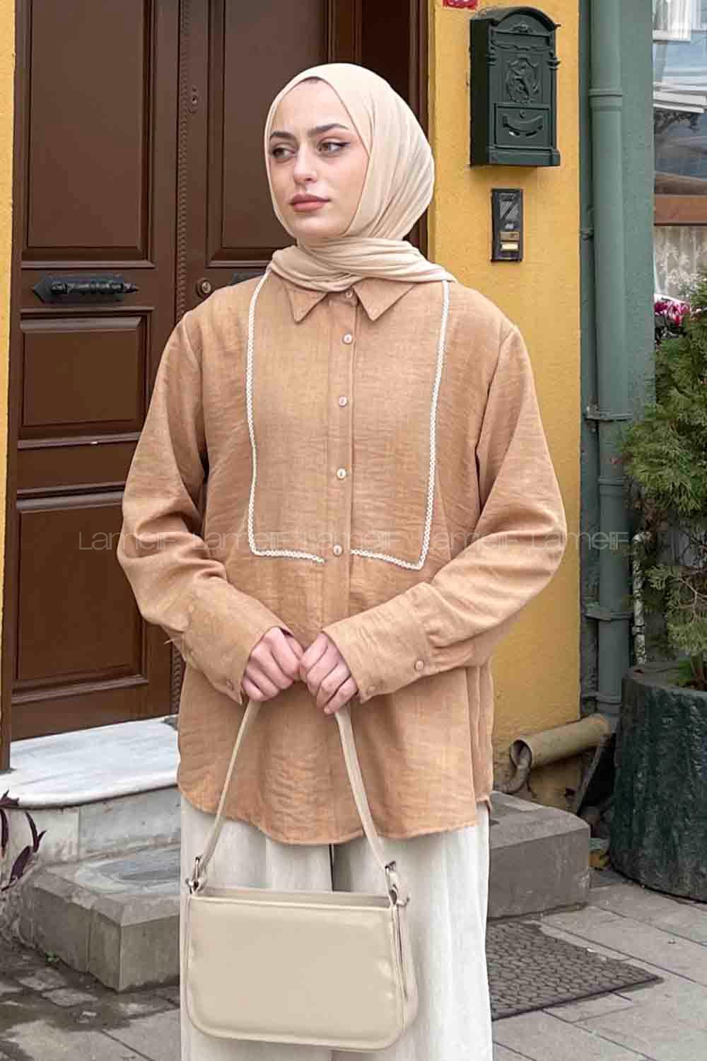 Camel Shirt Collar Long Arm Cotton Elastan Shirt