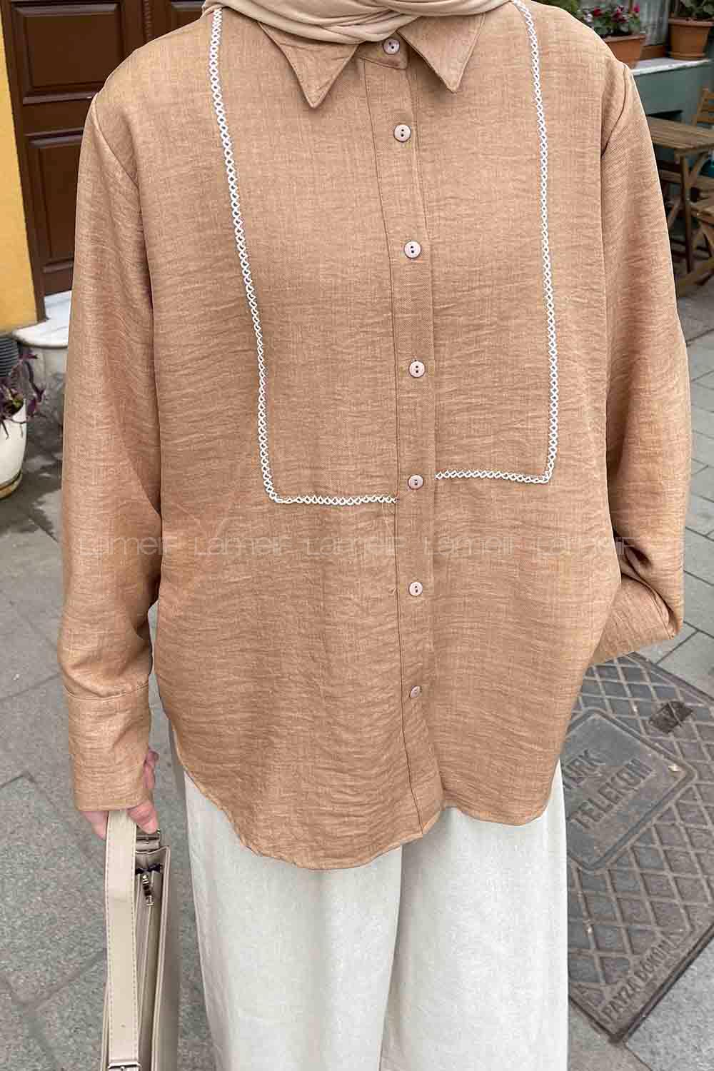 Camel Shirt Collar Long Arm Cotton Elastan Shirt
